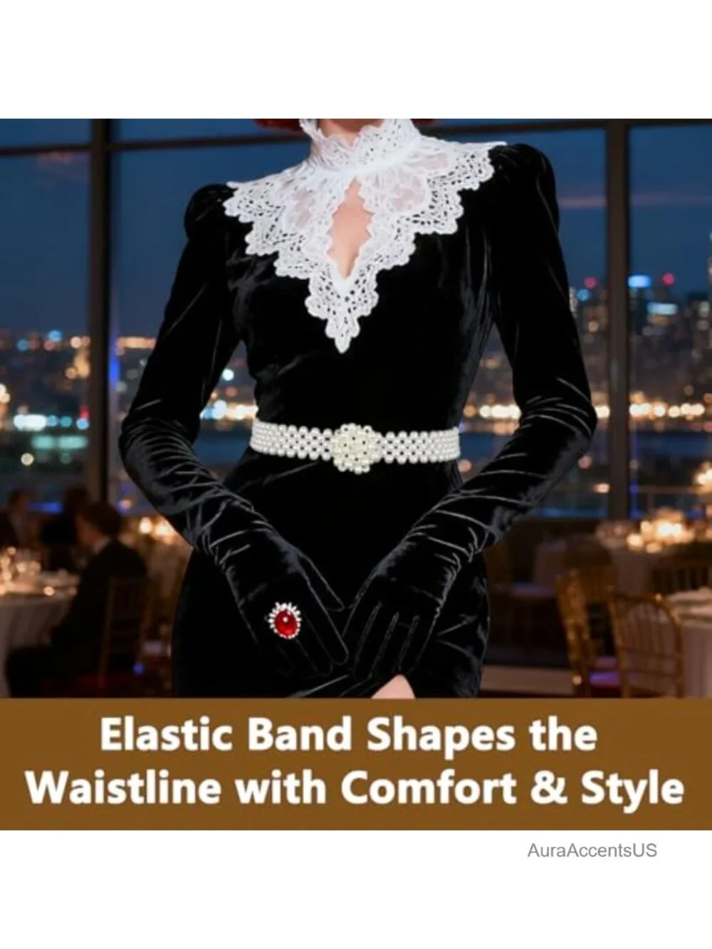 Beaded Pearl Waist Chain Belt with Rhinestones Stretchy Dress Belt